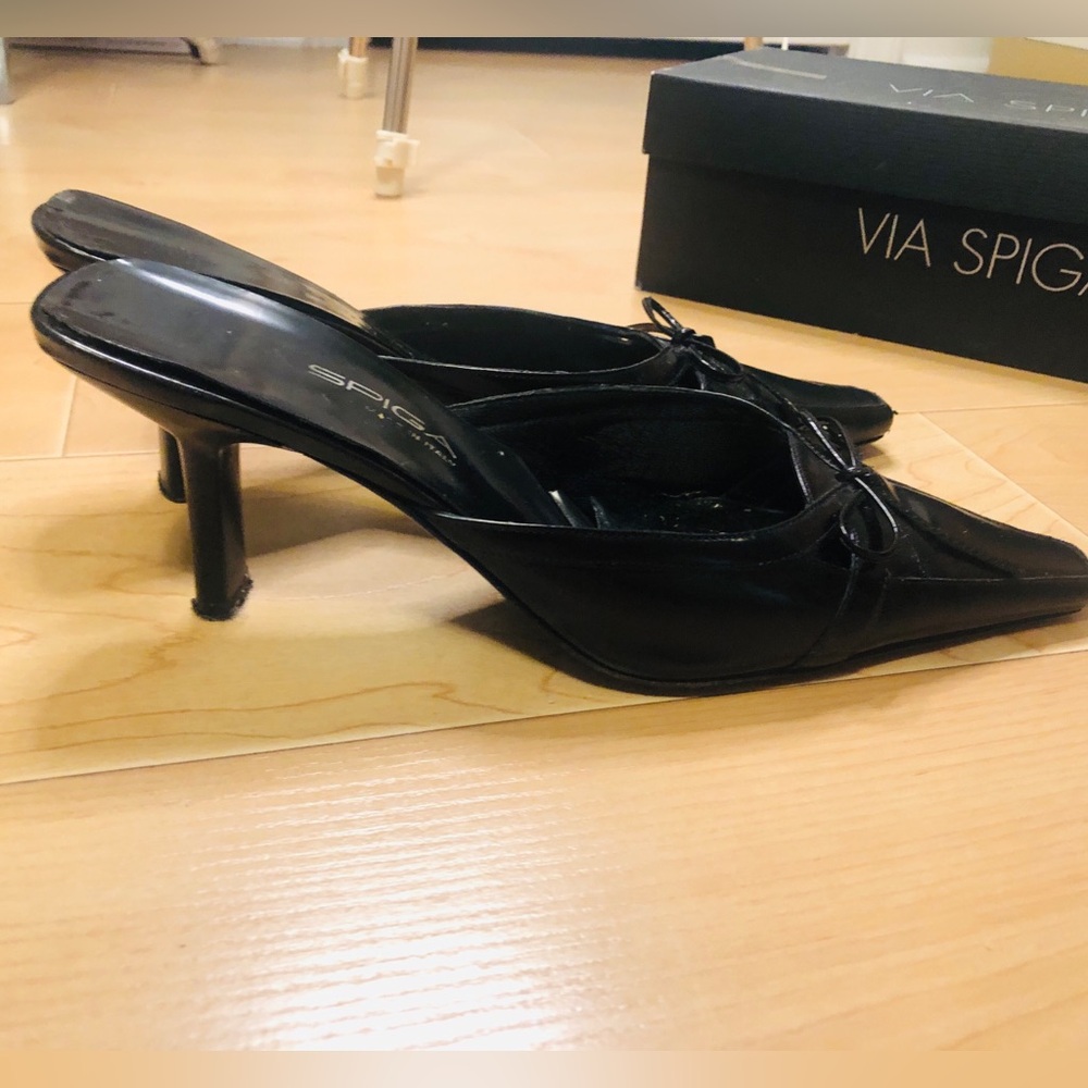 Via Spiga Elegant Black Women's Mules with Kitten Heels and Bow - Picture 8 of 14